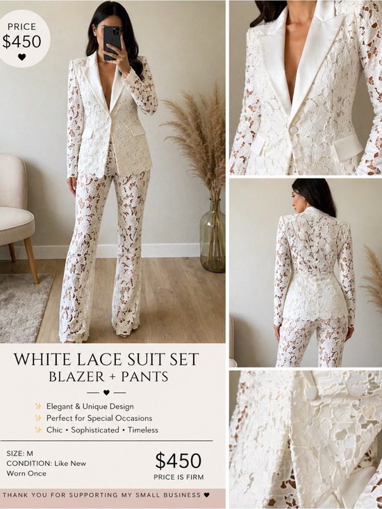 NADINE MERABI Pants - NADINE MERABI Ivory White Lace Blazer & Trousers Set